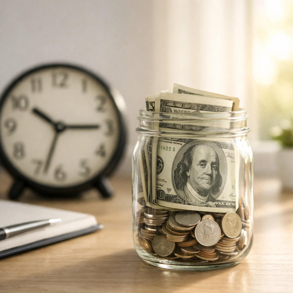 Savings jar with cash and clock illustrating tax refund timing and money management strategies