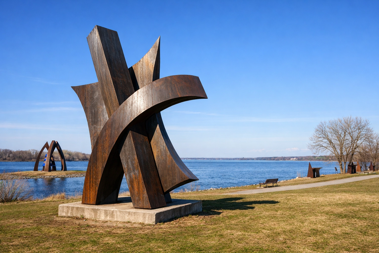 Large steel sculpture at the Lachine Sculpture Garden by the Saint Lawrence River in Montreal.