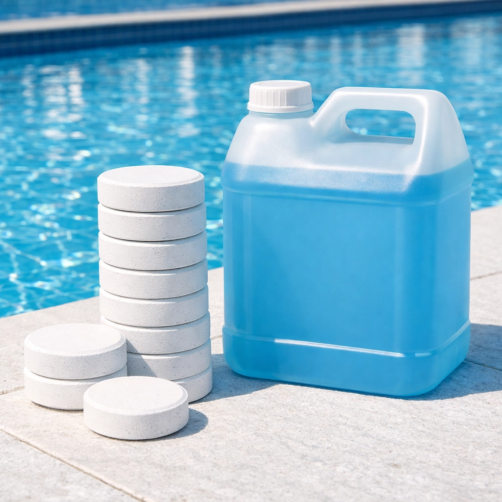 Chlorine tablets on a pool deck highlighting the impact of chemical costs on business valuation.