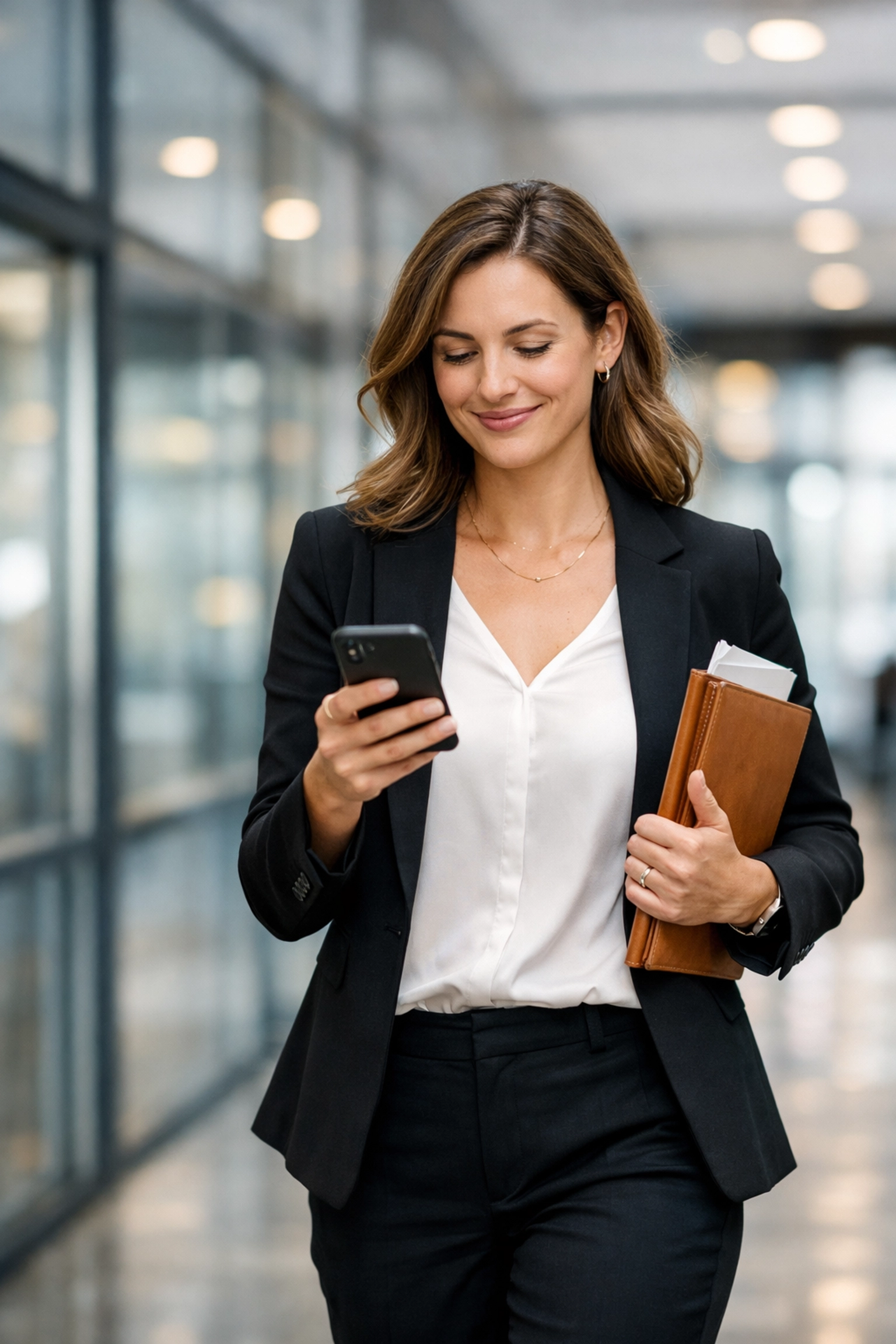 A confident entrepreneur checking her phone while automated follow up sequences manage her client onboarding.