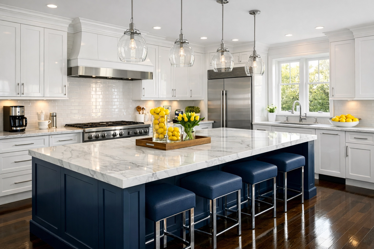 Pristine Hingham kitchen with white cabinets and marble island after elite residential cleaning service.