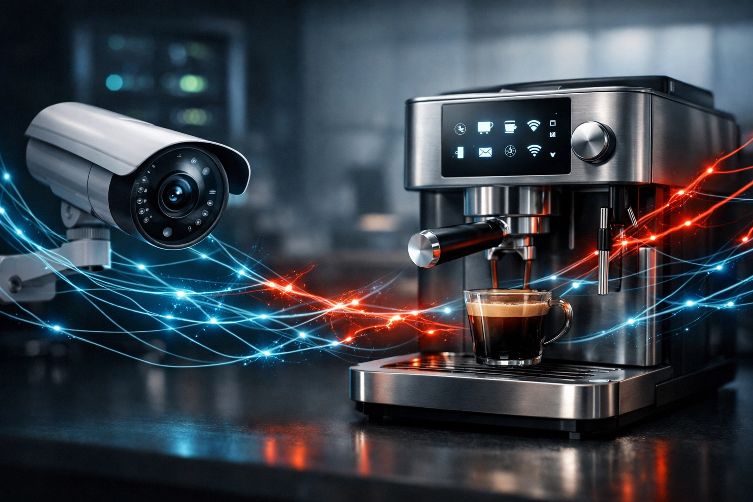 Business IT solutions showing vulnerable connections between an office security camera and smart appliance.