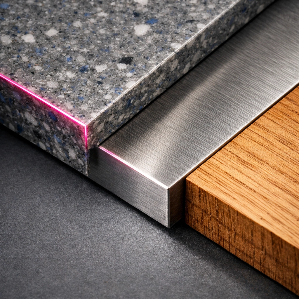 Comparison of recycled plastic, timber, and steel samples for commercial construction procurement.