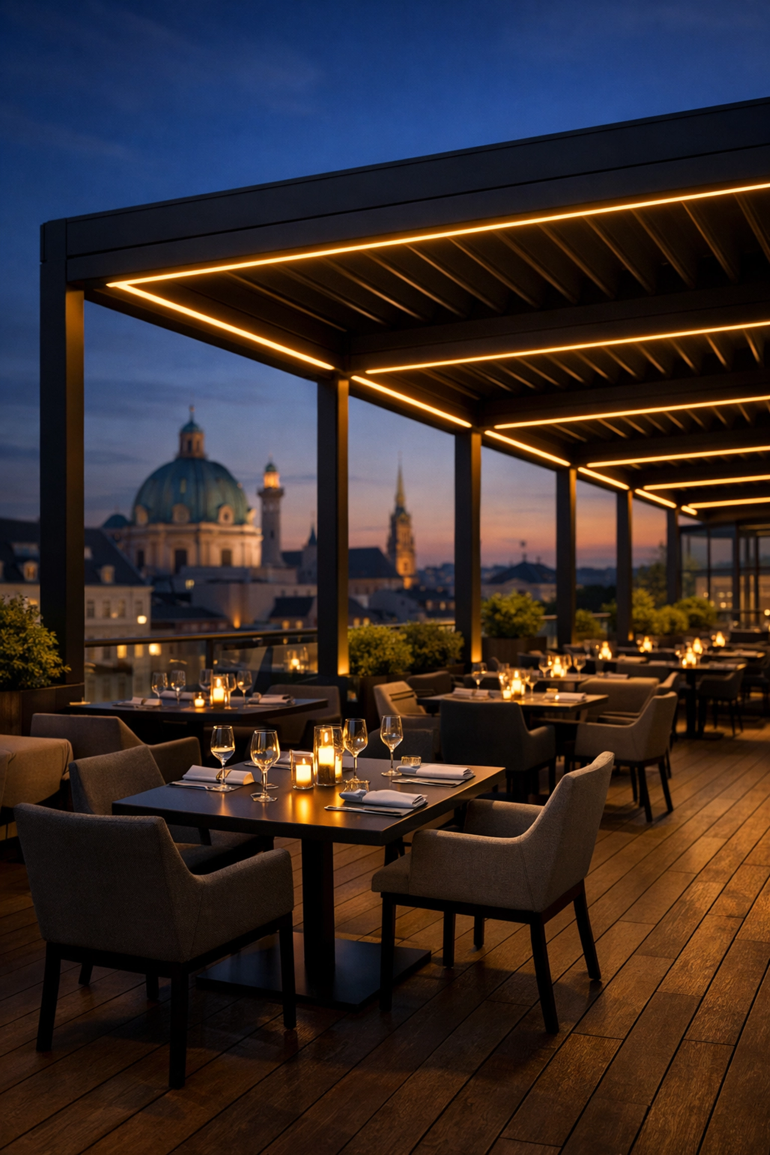 Elegante Pergola Wien für die Gastronomie mit moderner LED-Beleuchtung und stilvollem Außendesign.