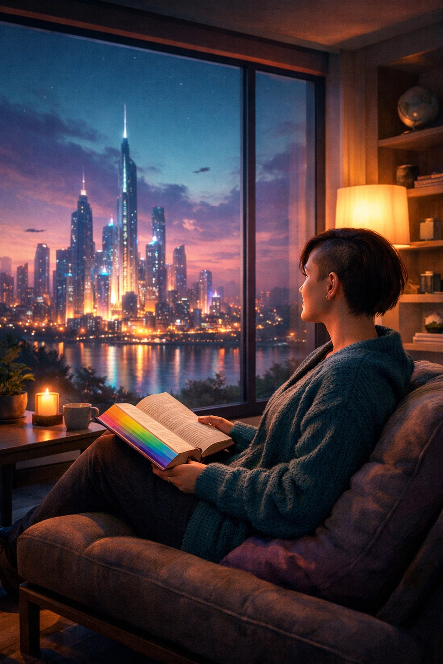 A lesbian woman reading a book overlooking a futuristic city, reflecting on queer literature and future visions of hope.