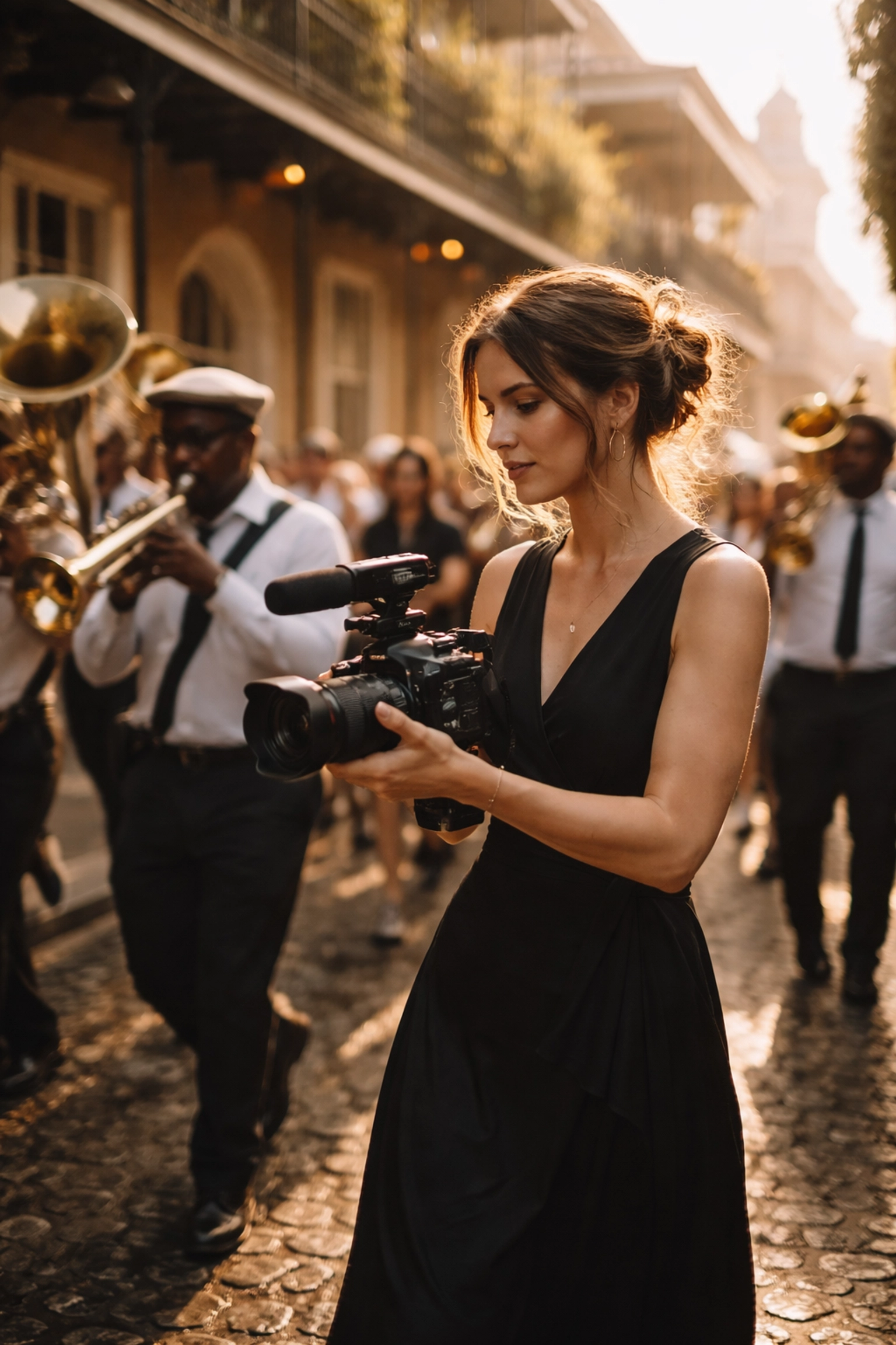 Female wedding videographer films a lively second line parade in the French Quarter during a New Orleans wedding celebration