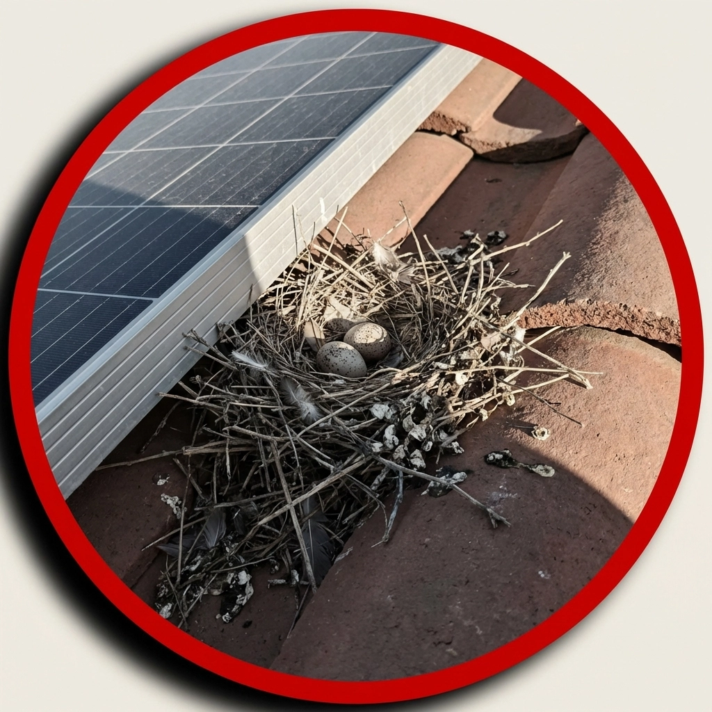 Pigeon nest and debris under solar panel highlighting need for screening on Arizona rooftops