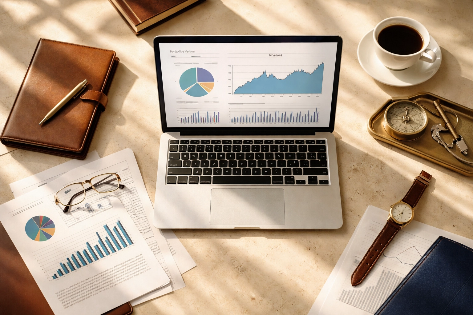 Top-down view of an investor's desk with charts, documents, and a compass, highlighting strategic wealth management.