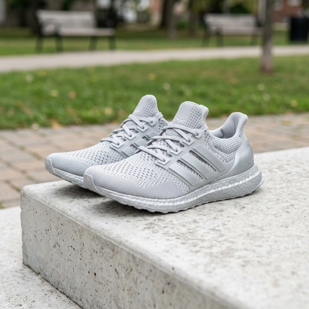 Adidas Ultraboost 5X in silver on a concrete step