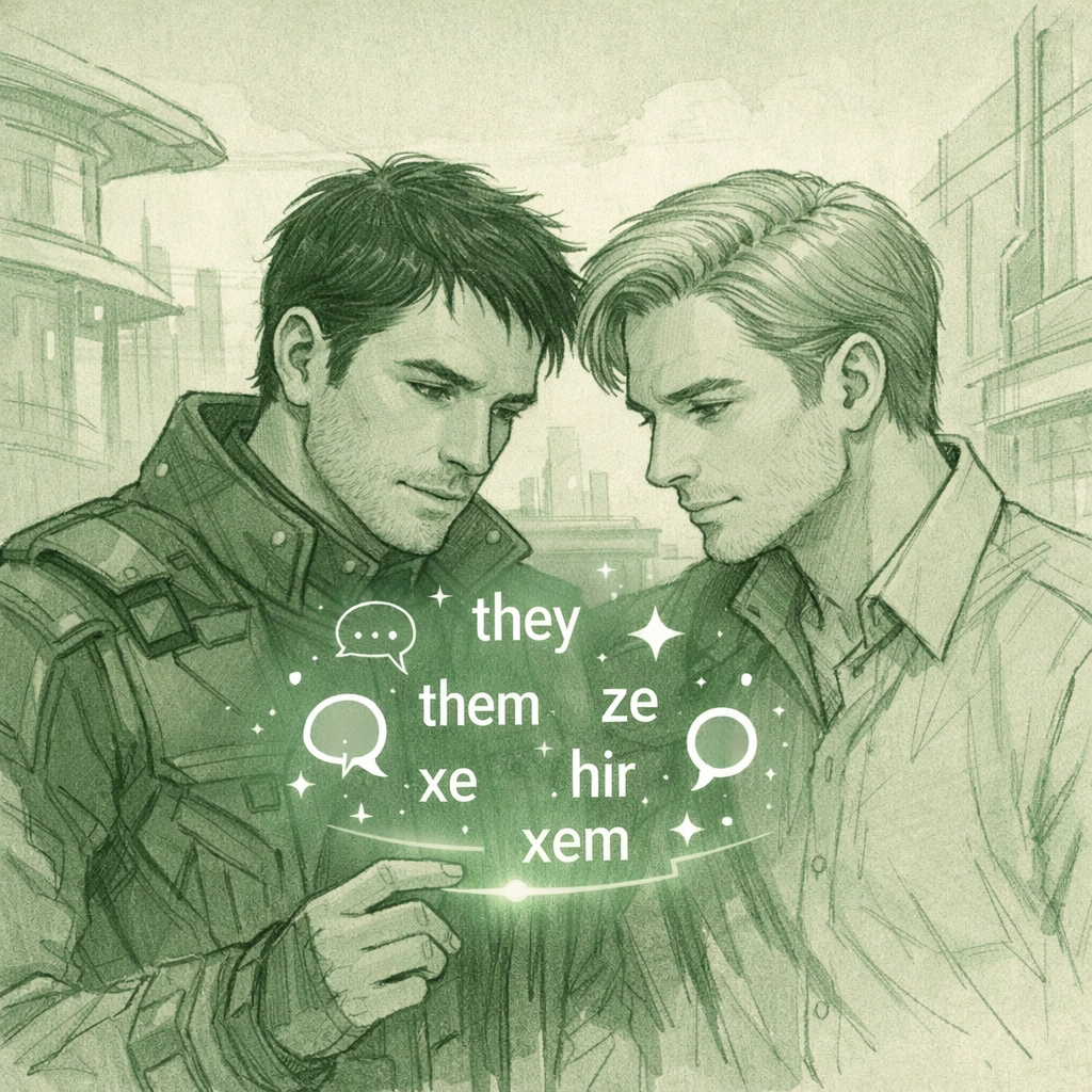 Two men examining holographic pronouns in futuristic city - MM romance thriller Propaganda of the Binary