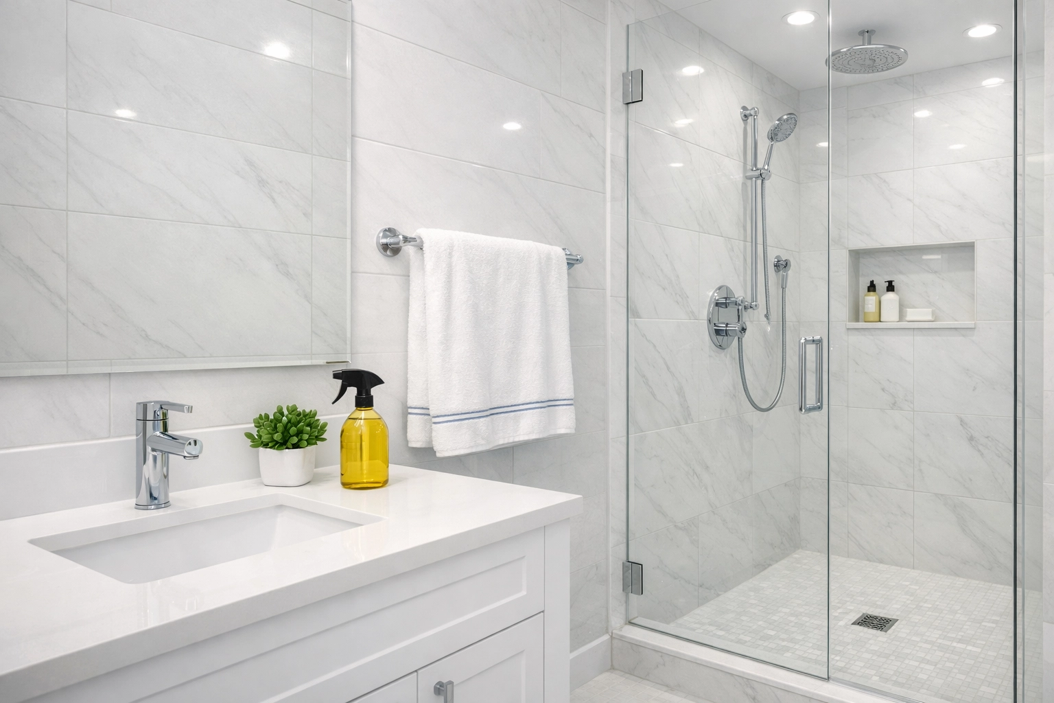 Spotless modern bathroom with white marble tiles following a deep move-in cleaning in Cambridge.