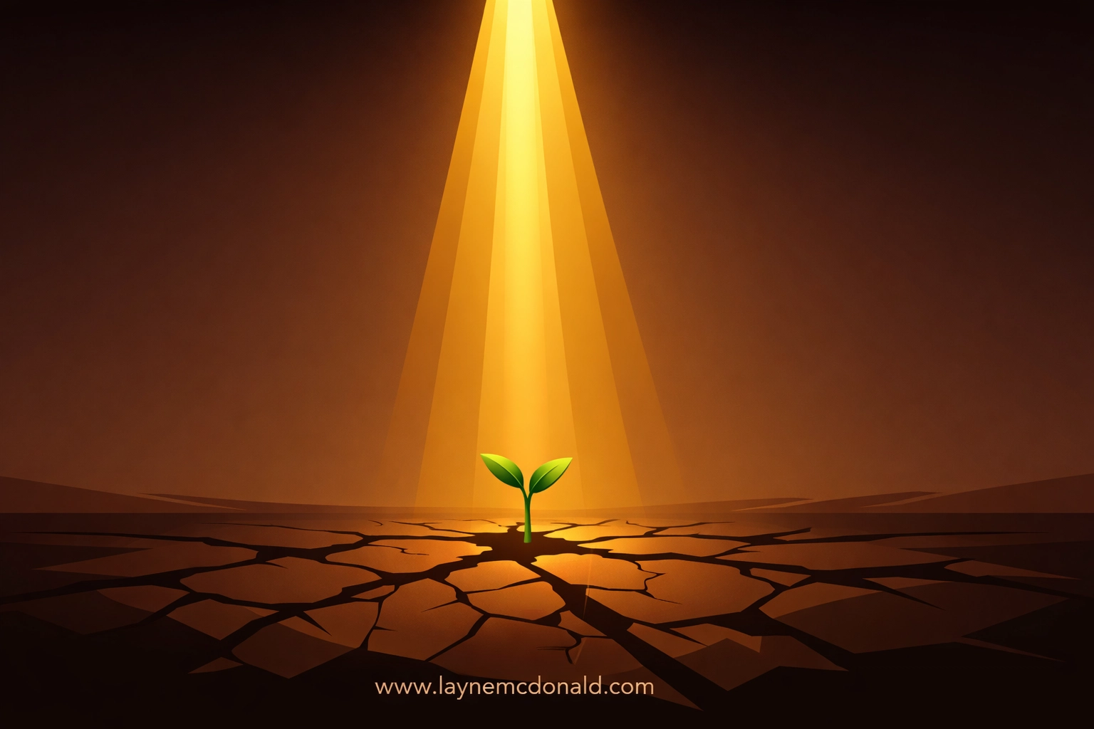 Illustration of a sprout in dry earth receiving golden light, symbolizing the gift of divine grace, www.laynemcdonald.com.