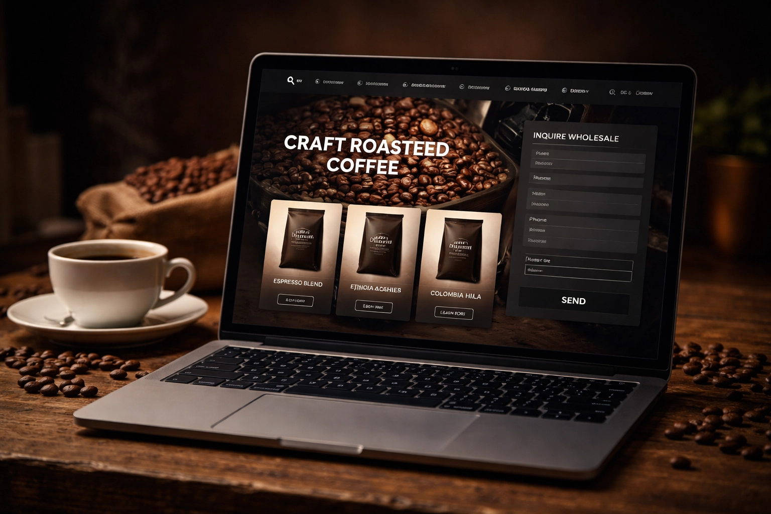 Modern laptop displaying a Brisbane coffee roastery website with coffee beans, highlighting site maintenance for local roasters.