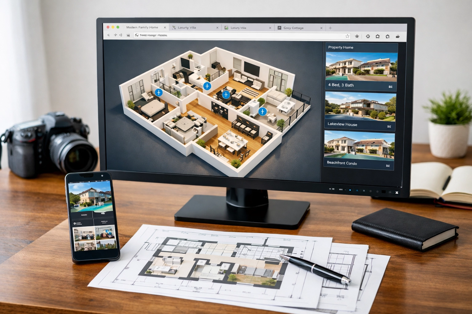 Real estate agent workspace showing floor plans and listing photos for St. Louis properties
