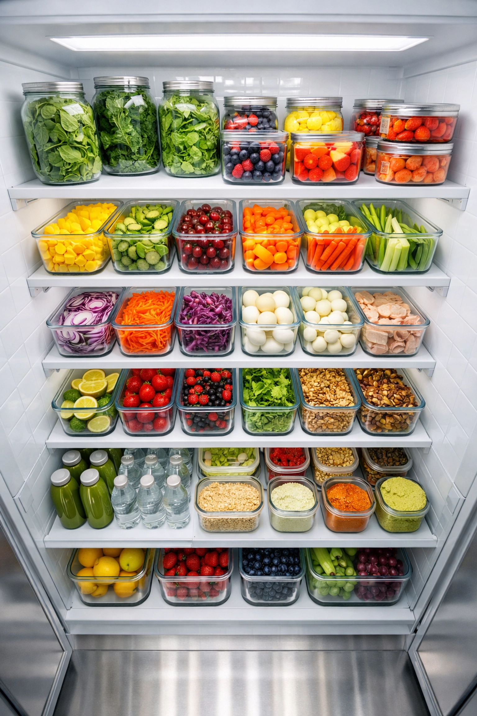 An impeccably organized pantry with fresh produce in clear containers, showcasing a clean home lifestyle.