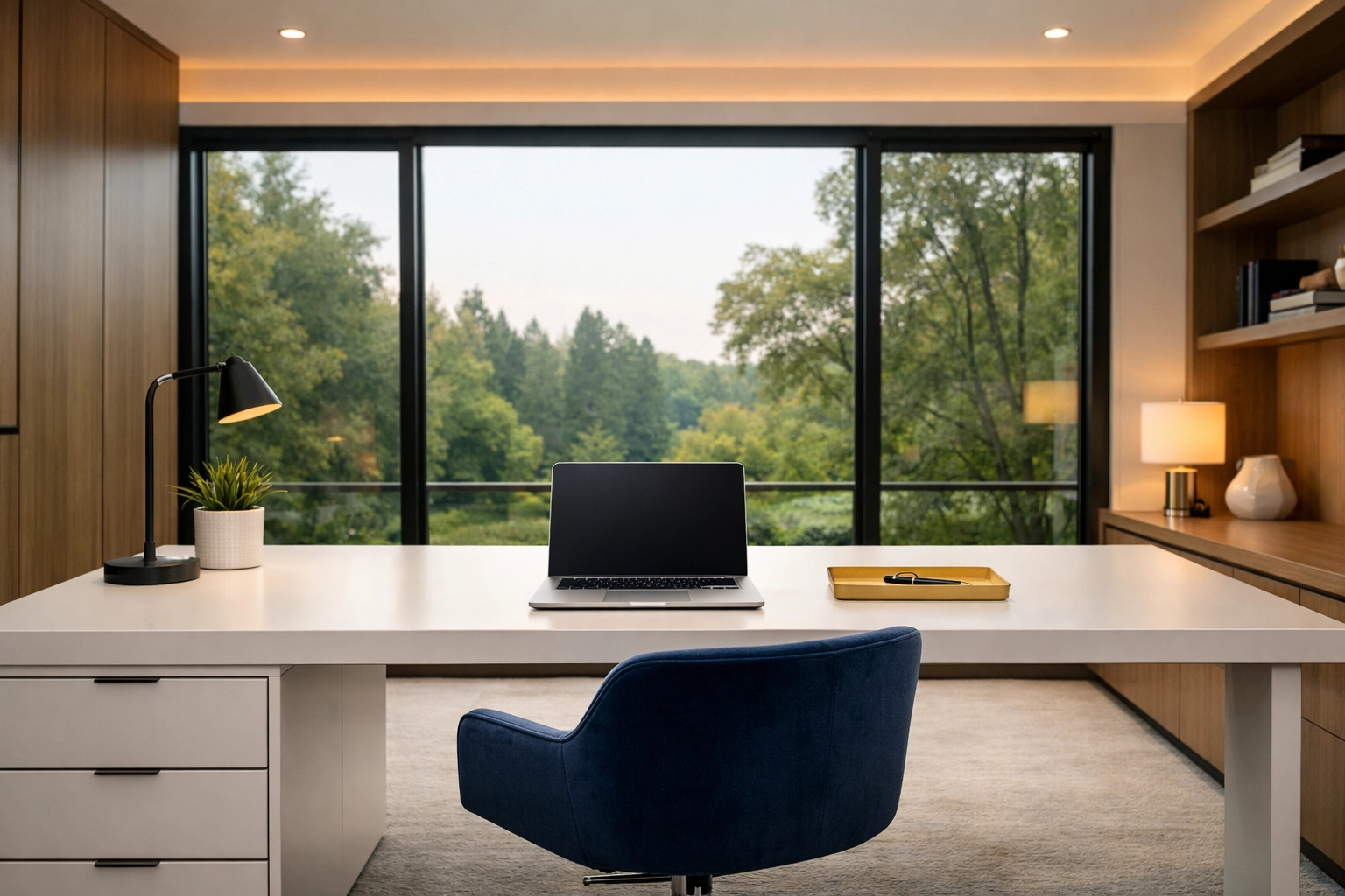Minimalist executive home office with a clean desk, illustrating peak performance through regular Winchester house cleaning.