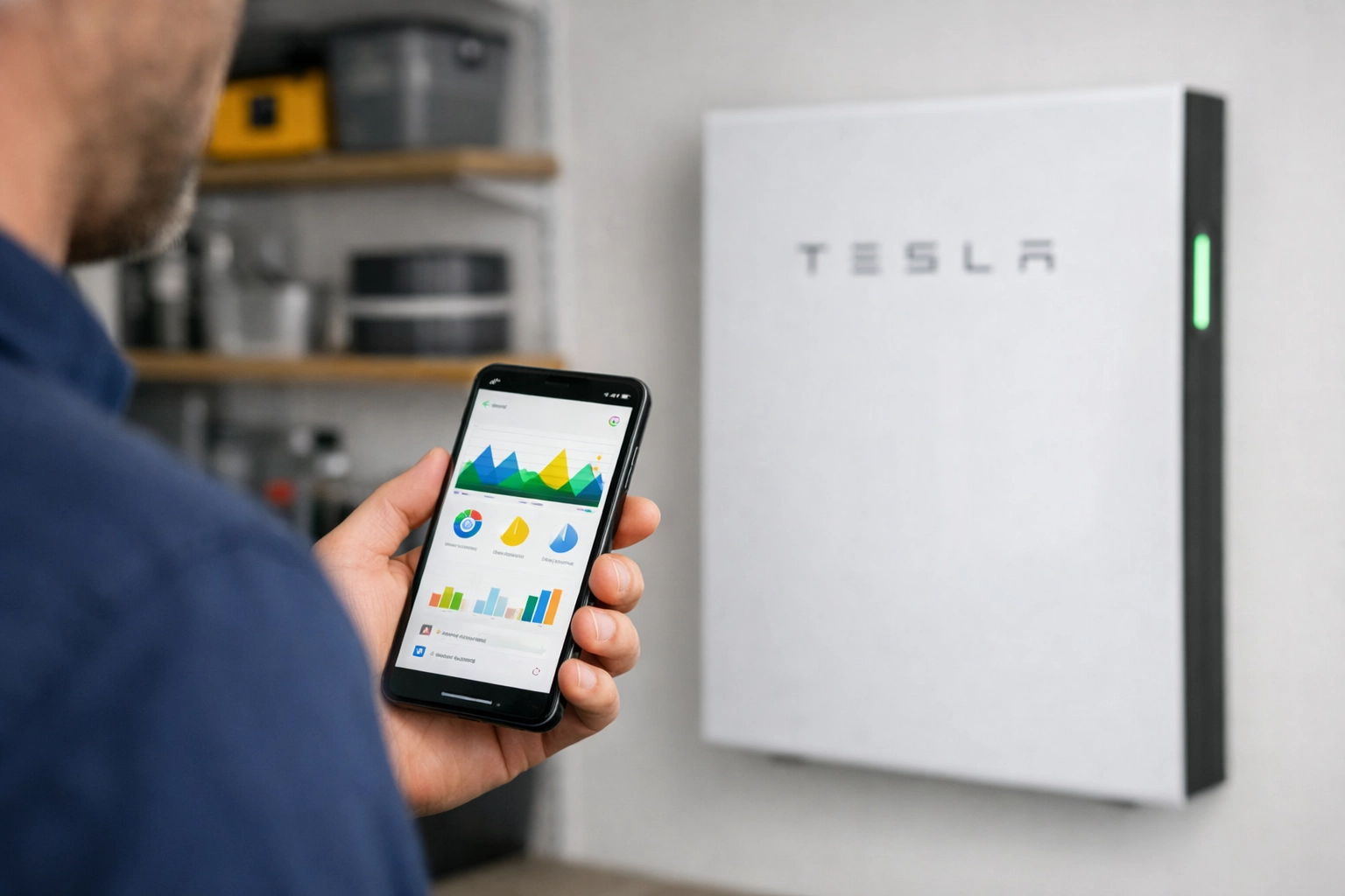 Homeowner using a solar monitoring app next to a Tesla Powerwall 3 battery in a modern UK garage.