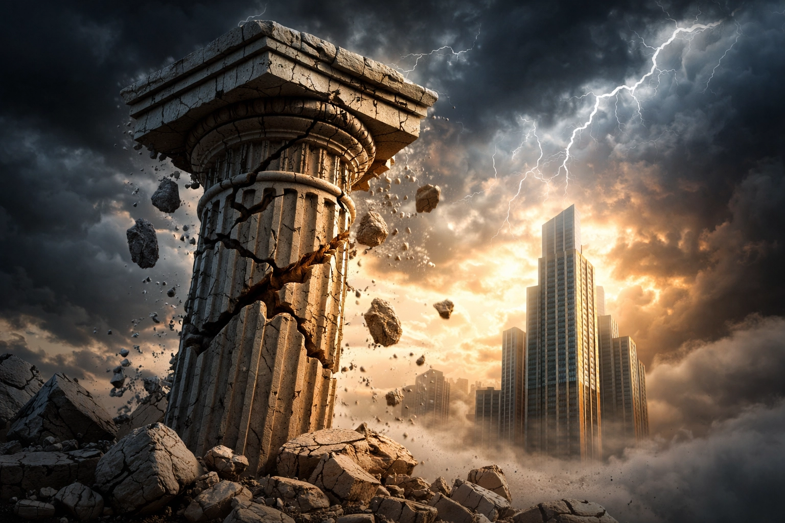 Crumbling pillar symbolizing the declining 60/40 portfolio model as modern investment strategies emerge