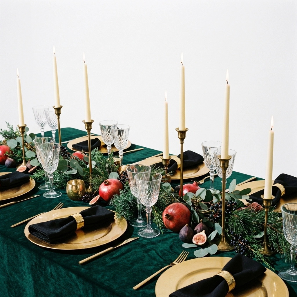 Dramatic winter tablescape featuring emerald velvet linens, gold chargers, black napkins, and brass candle holders for formal events