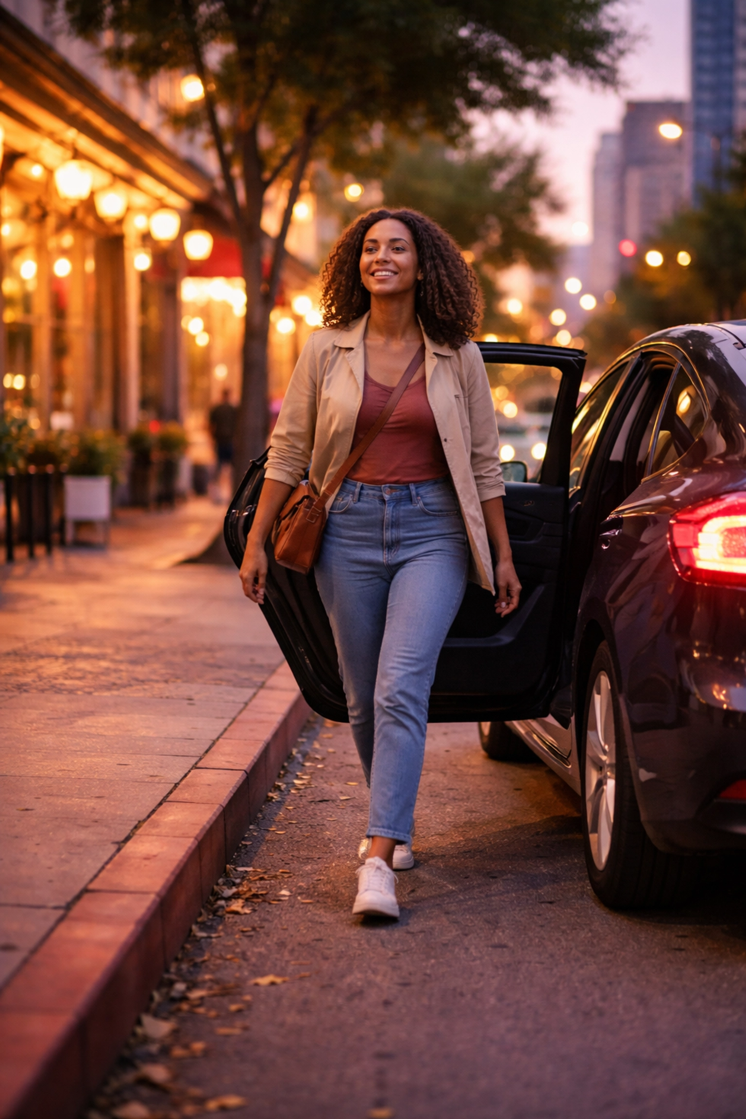 Confident person exiting a rideshare car onto a lively city street, symbolizing LGBTQ friendly businesses and safe commutes