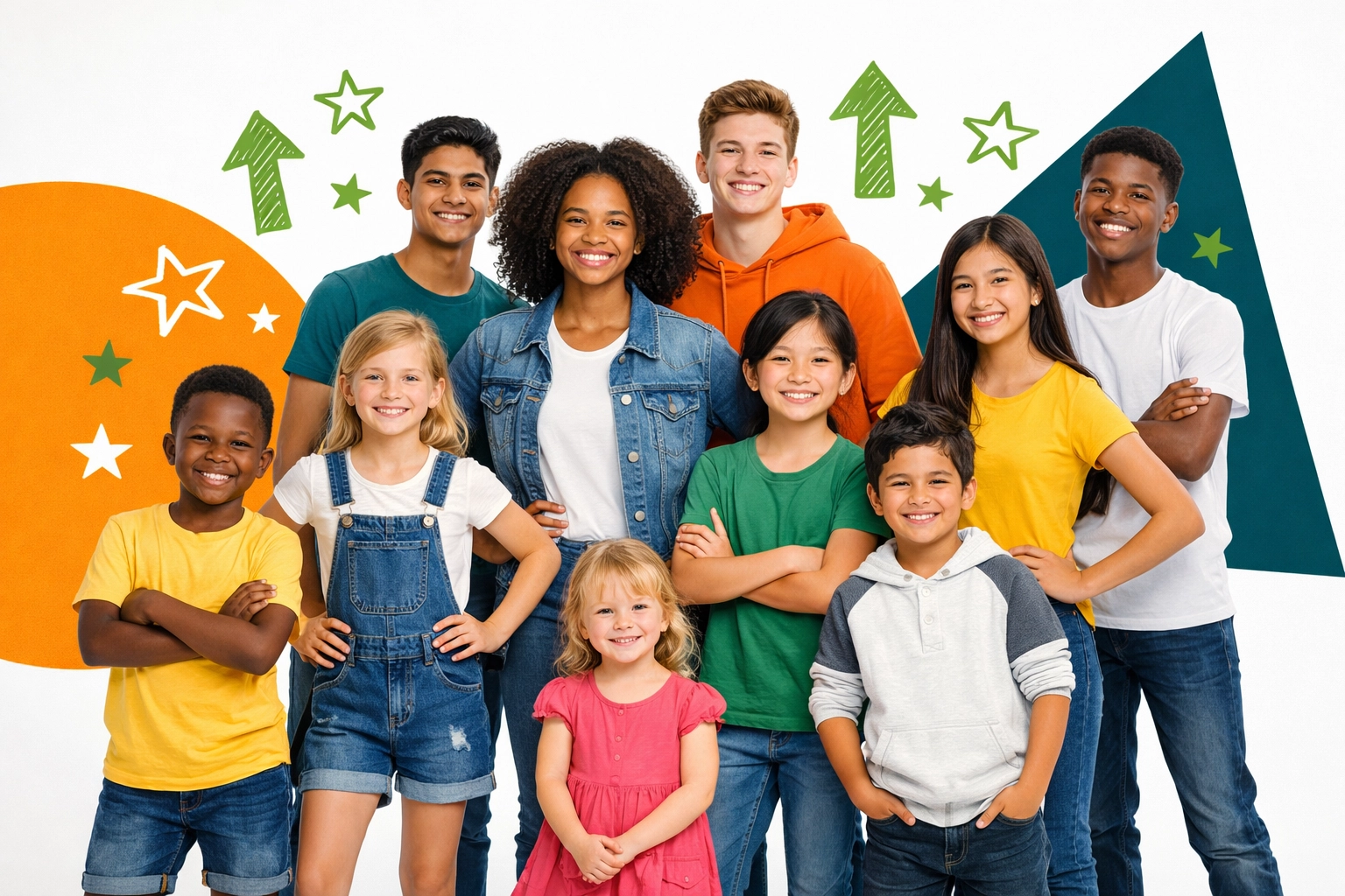 A diverse group of confident children and teens prepared for global leadership and success.