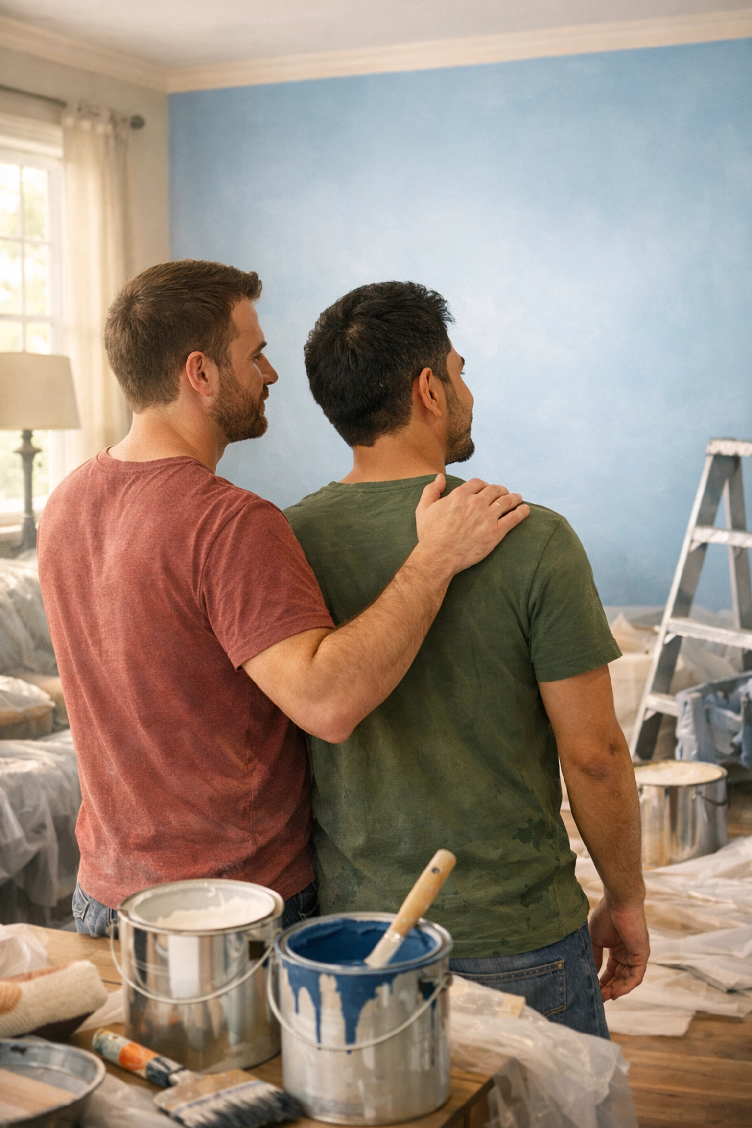 Gay couple embracing in a house under renovation, symbolizing a romantic happily ever after.