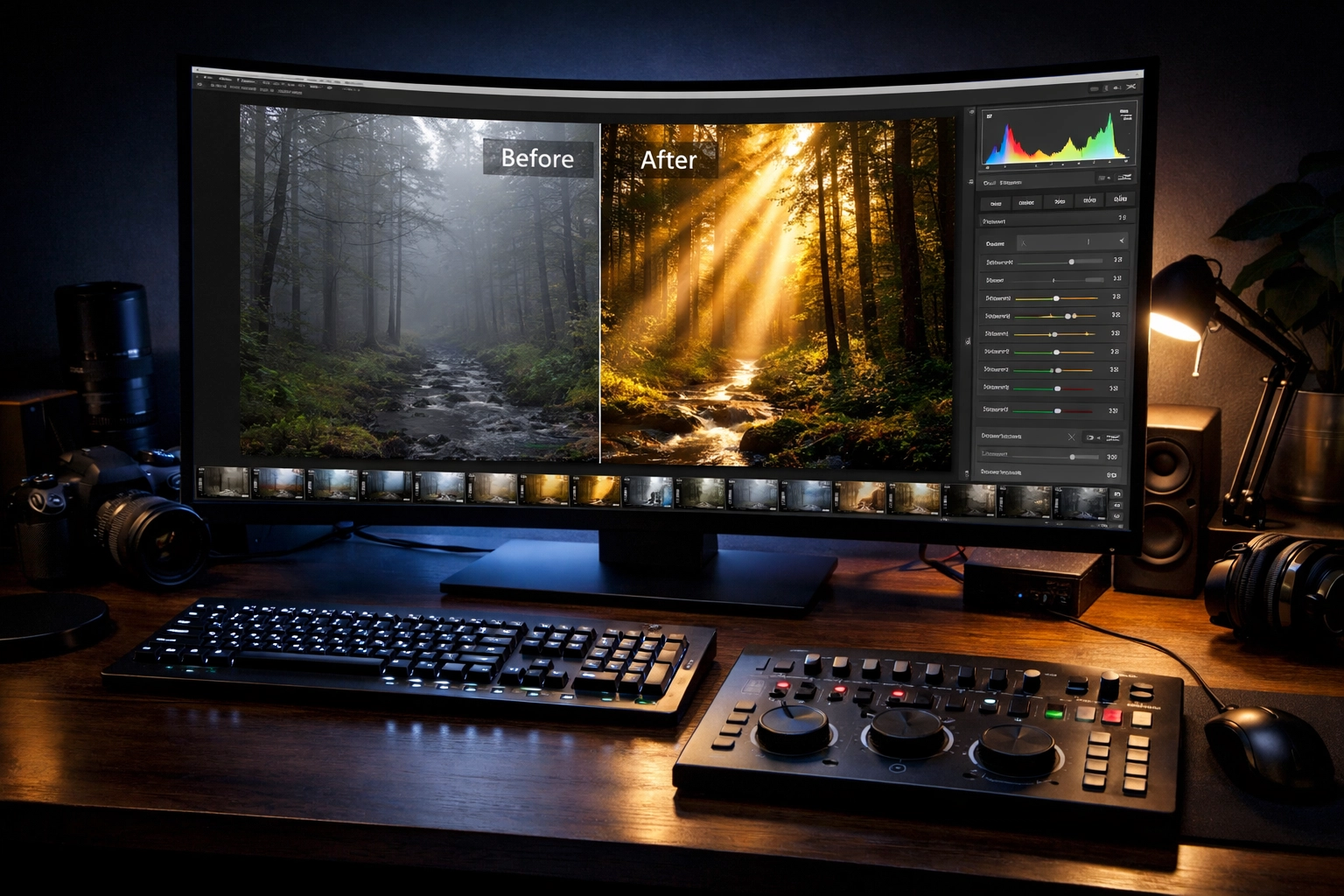 Photo editing software showing before and after results used in advanced photography tutorials.