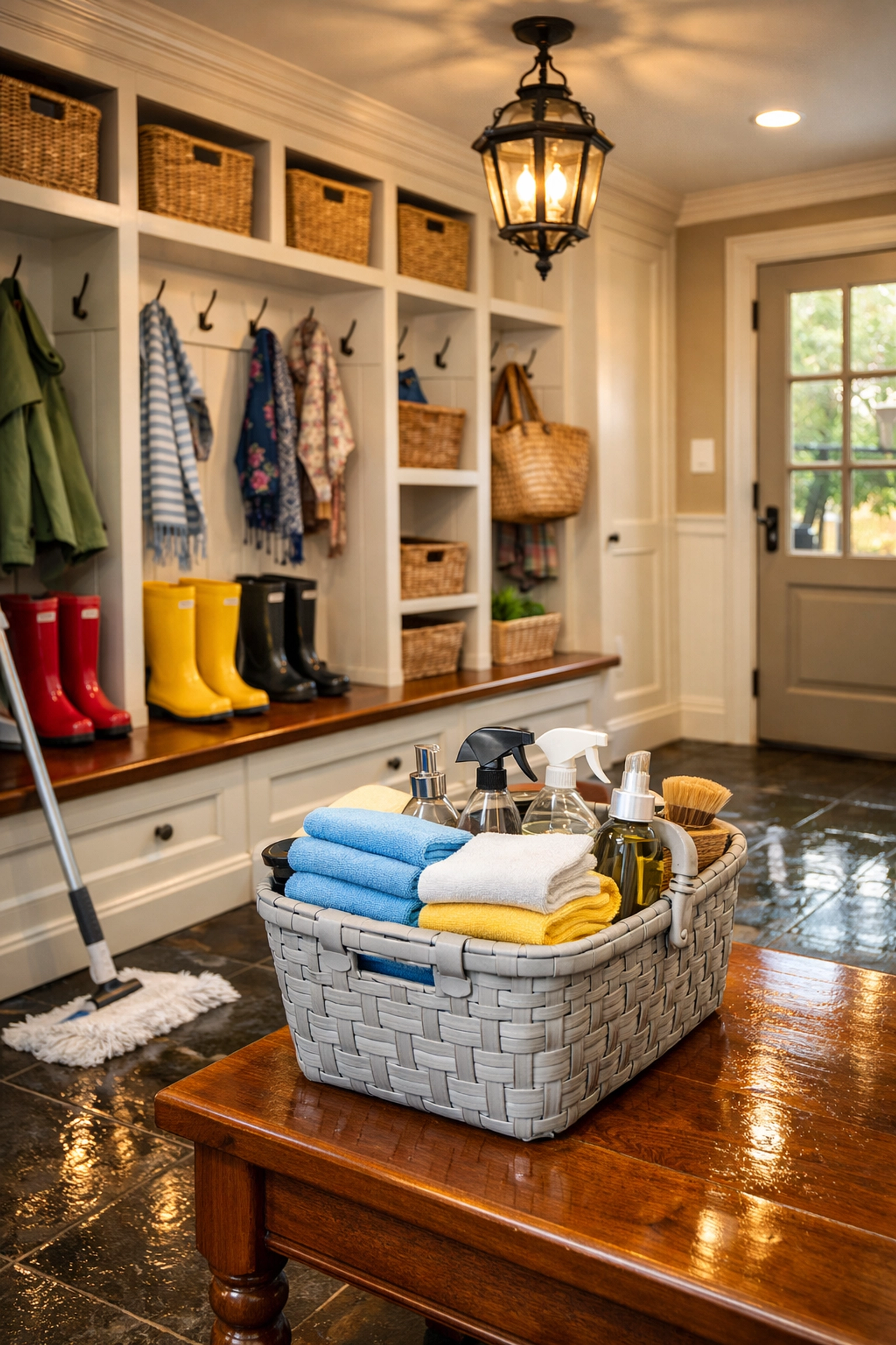 Organized Concord mudroom with a cleaning basket on a bench, showcasing professional house cleaning results.