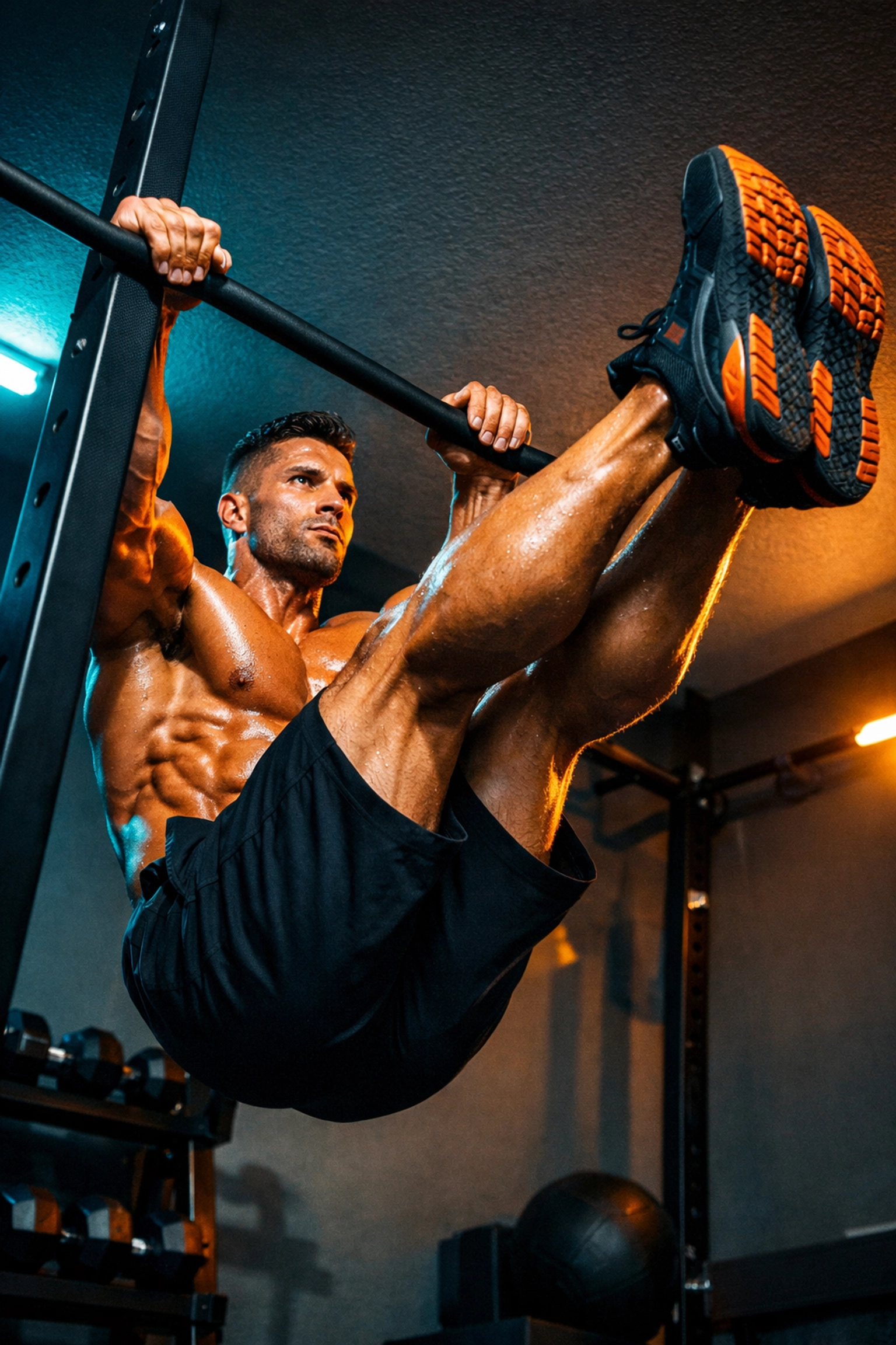 Athlete performing a vertical leg raise core workout on a versatile home gym tension rail.