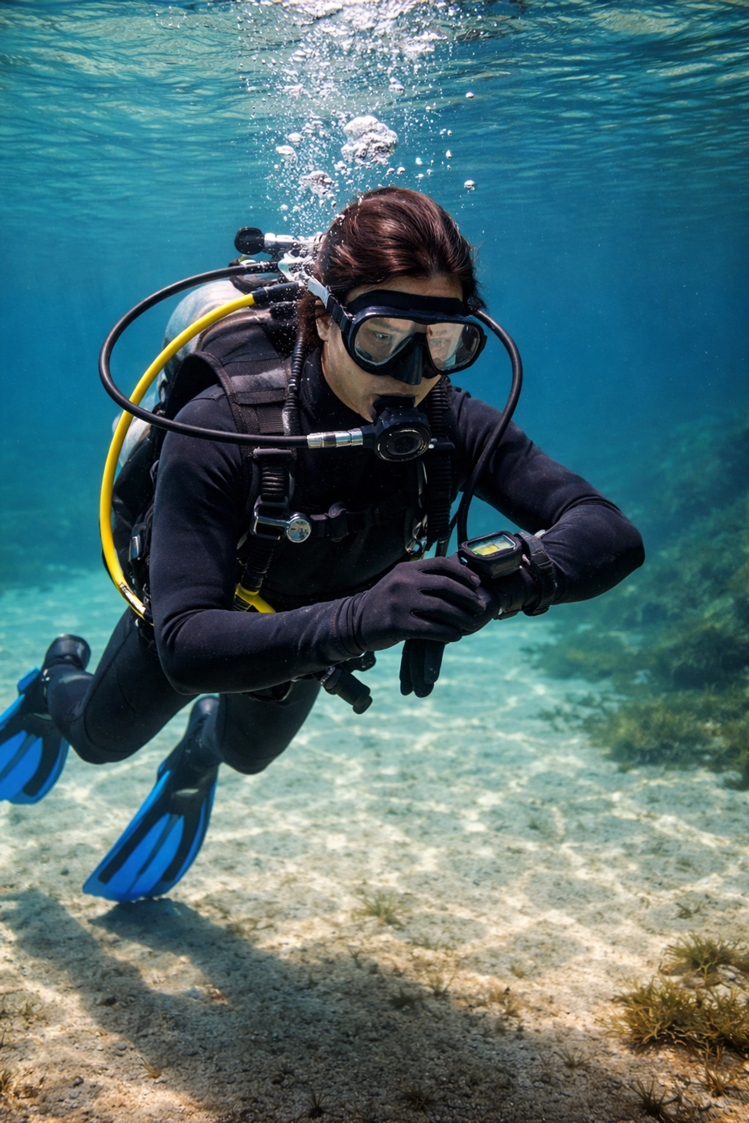 Sporttaucher schwebt entspannt im Süßwasser und kontrolliert seinen Tauchcomputer während des Tauchgangs
