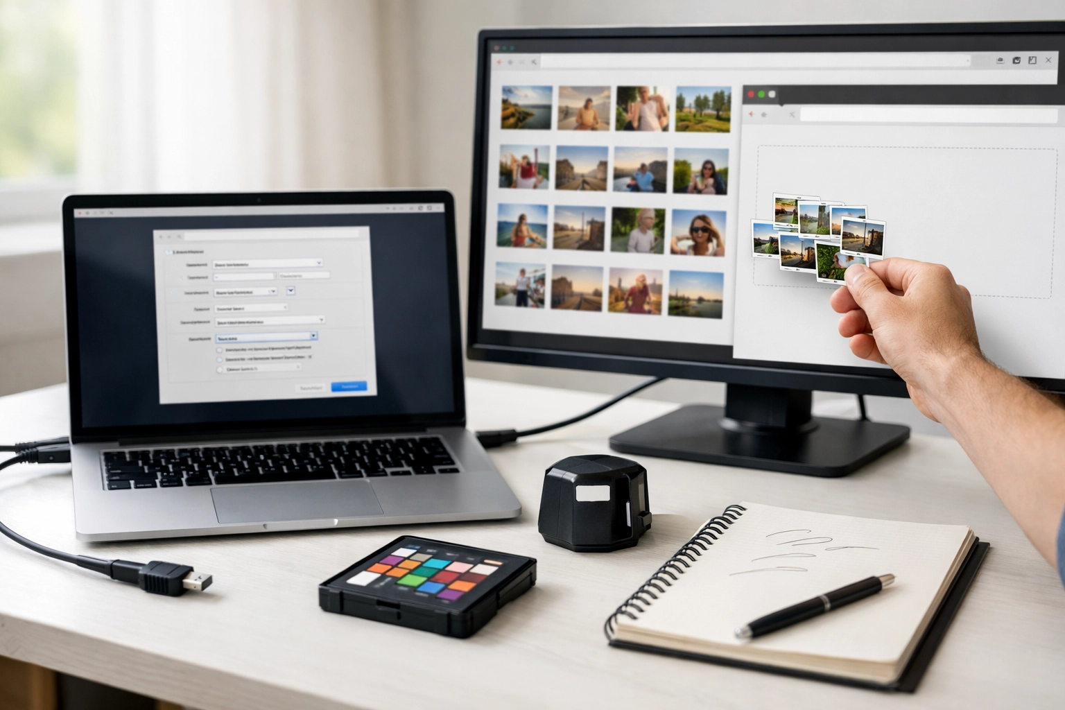 Photographer batch uploading image galleries for optimization at a professional studio desk.