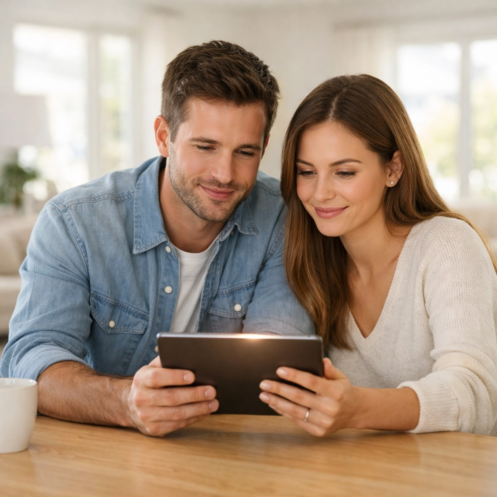 Homebuyers review a 2026 buyer representation agreement on a tablet in their modern home.