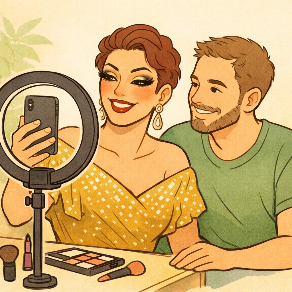 Gay couple sharing supportive moment during drag transformation, partner encouraging self-expression with ring light selfie