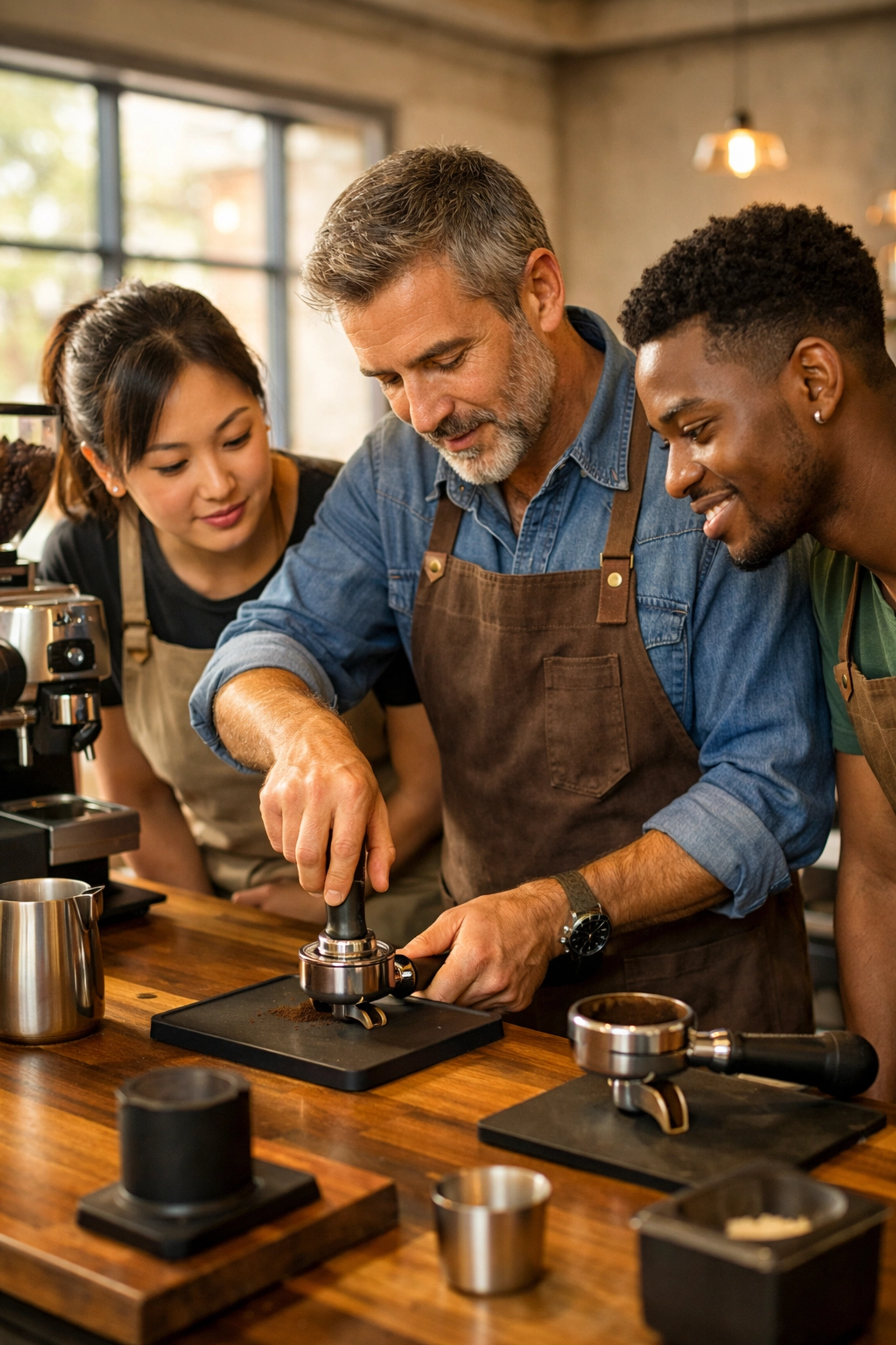 Professional barista trainer demonstrating espresso techniques to staff during hands-on training session