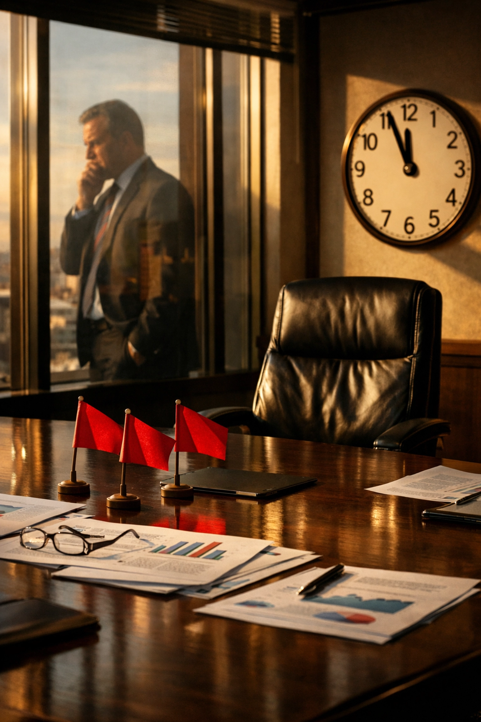 Corporate boardroom showing red flags and warning signs during commercial due diligence review