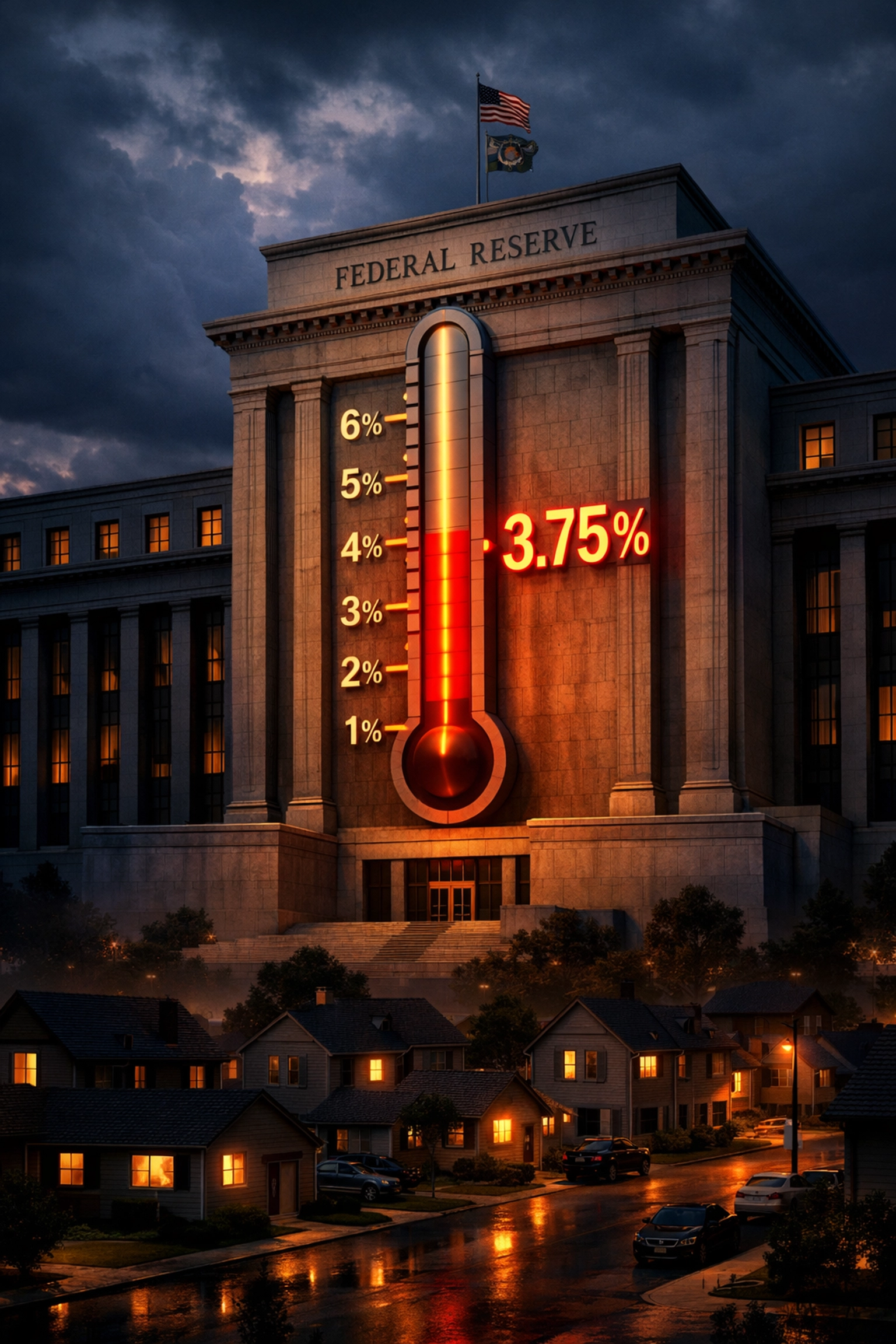 Federal Reserve building thermometer showing 3.75% interest rate casting shadow over residential homes