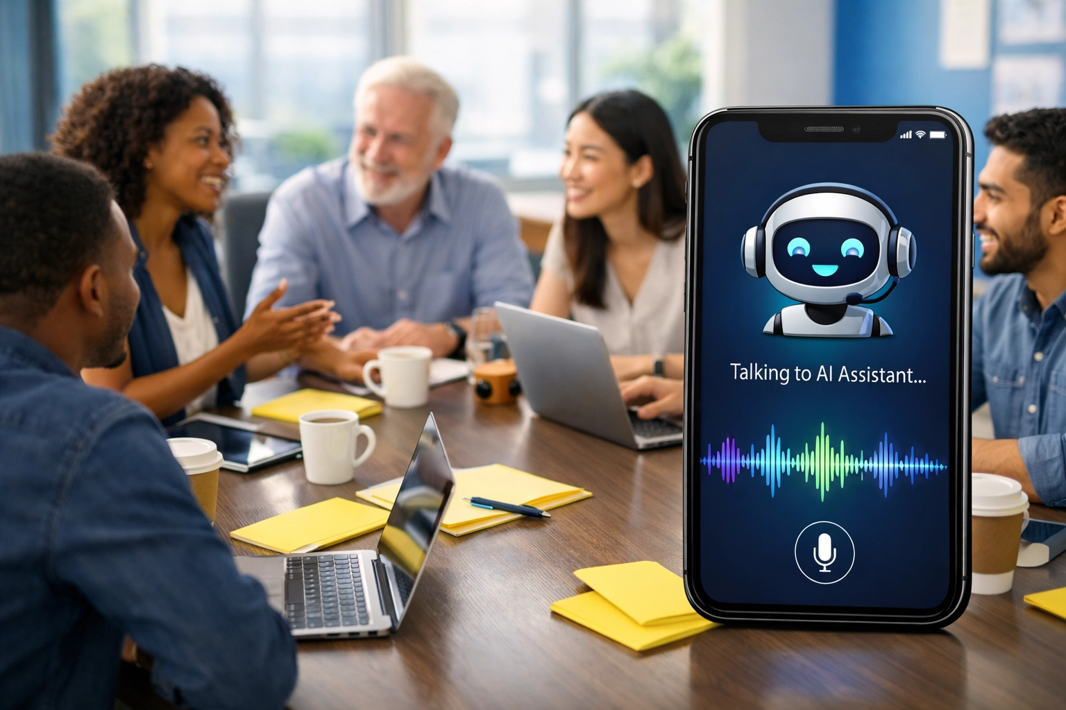 Nonprofit team collaborating with AI voice assistant technology for automated donor outreach