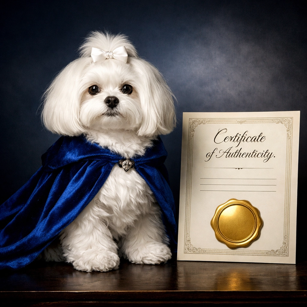 Daisy the Maltese with a certificate of authenticity representing the gold standard in resale trust.