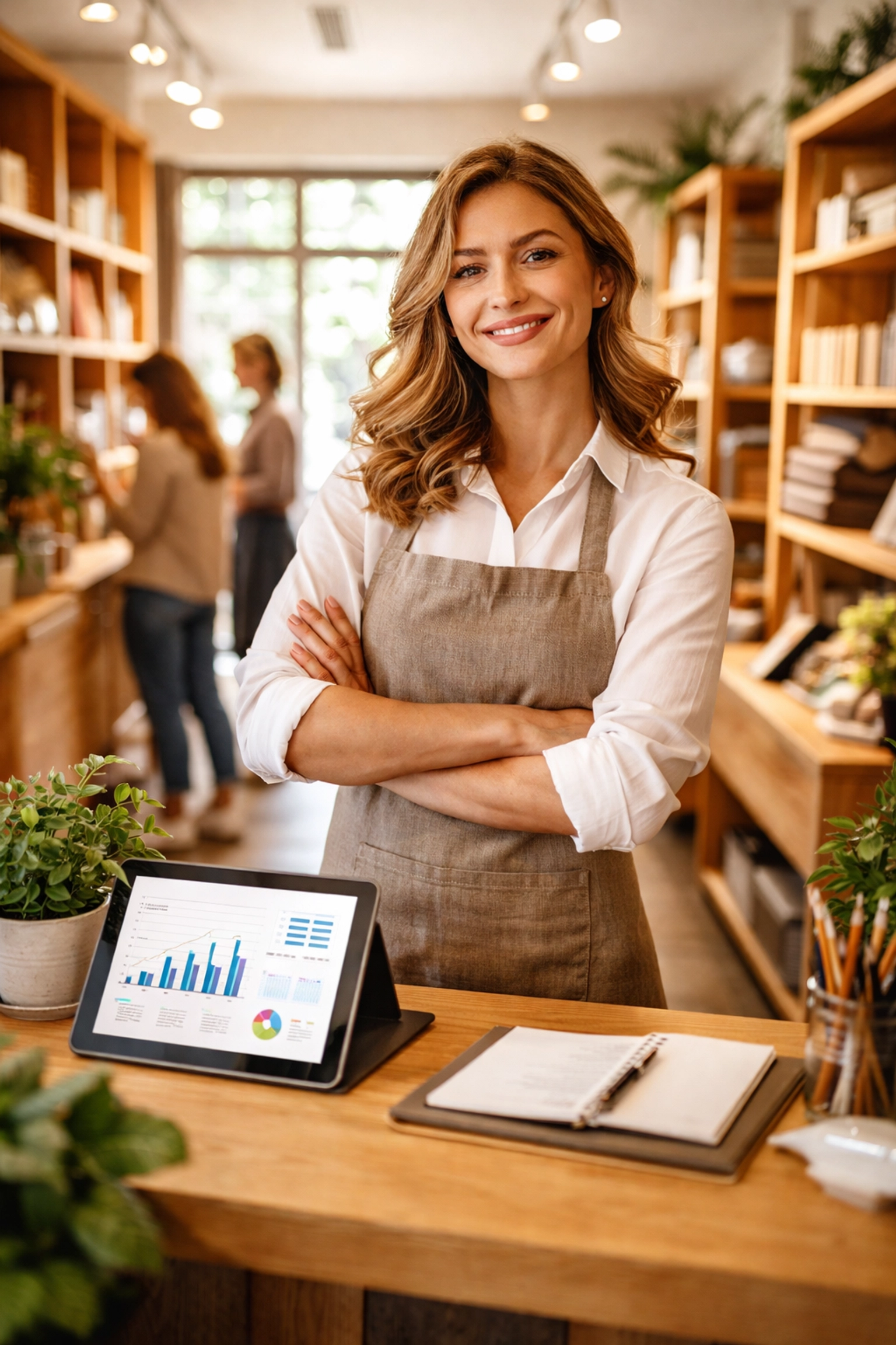 Retail shop owner viewing sales data on a tablet, illustrating confidence in tracking marketing ROI. Retail shop owner viewing sales data on a tablet, illustrating confidence in tracking marketing ROI.