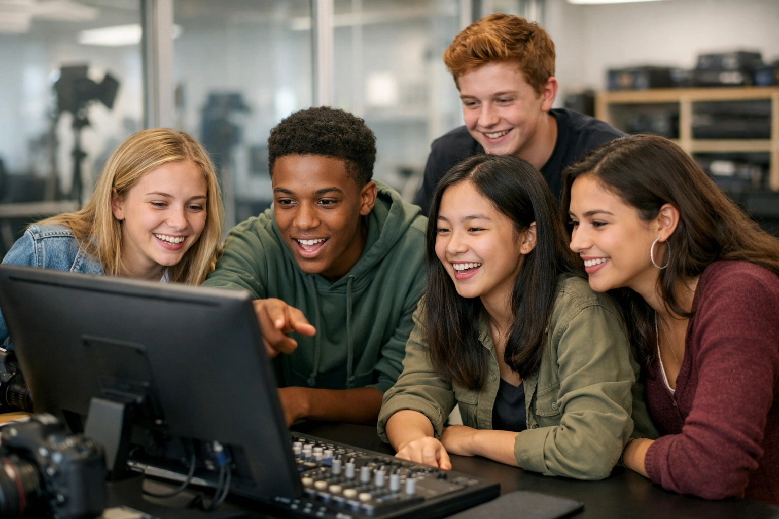 High school students collaborating on high-tech media assets and educational simulations in a modern classroom.