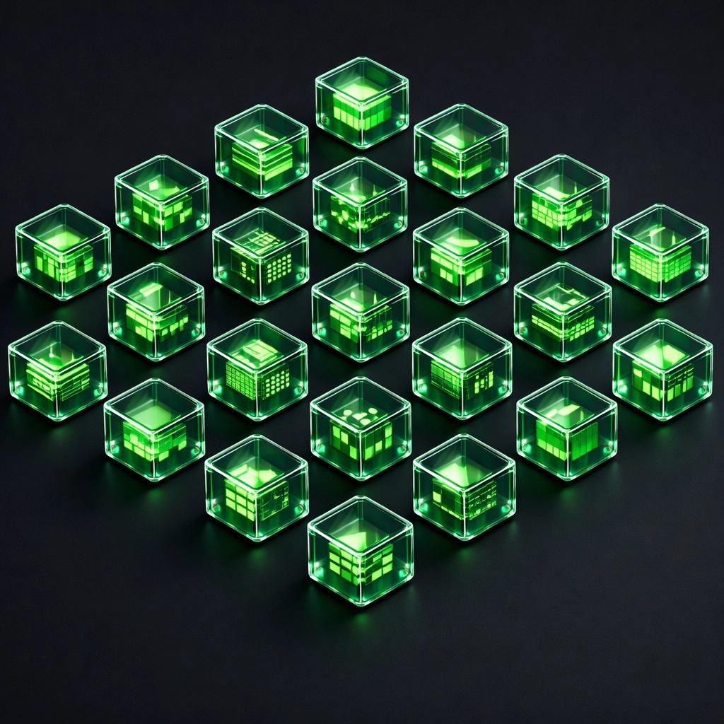 Grid of digital data units representing the 25-field SEO structure of a junk removal listing.