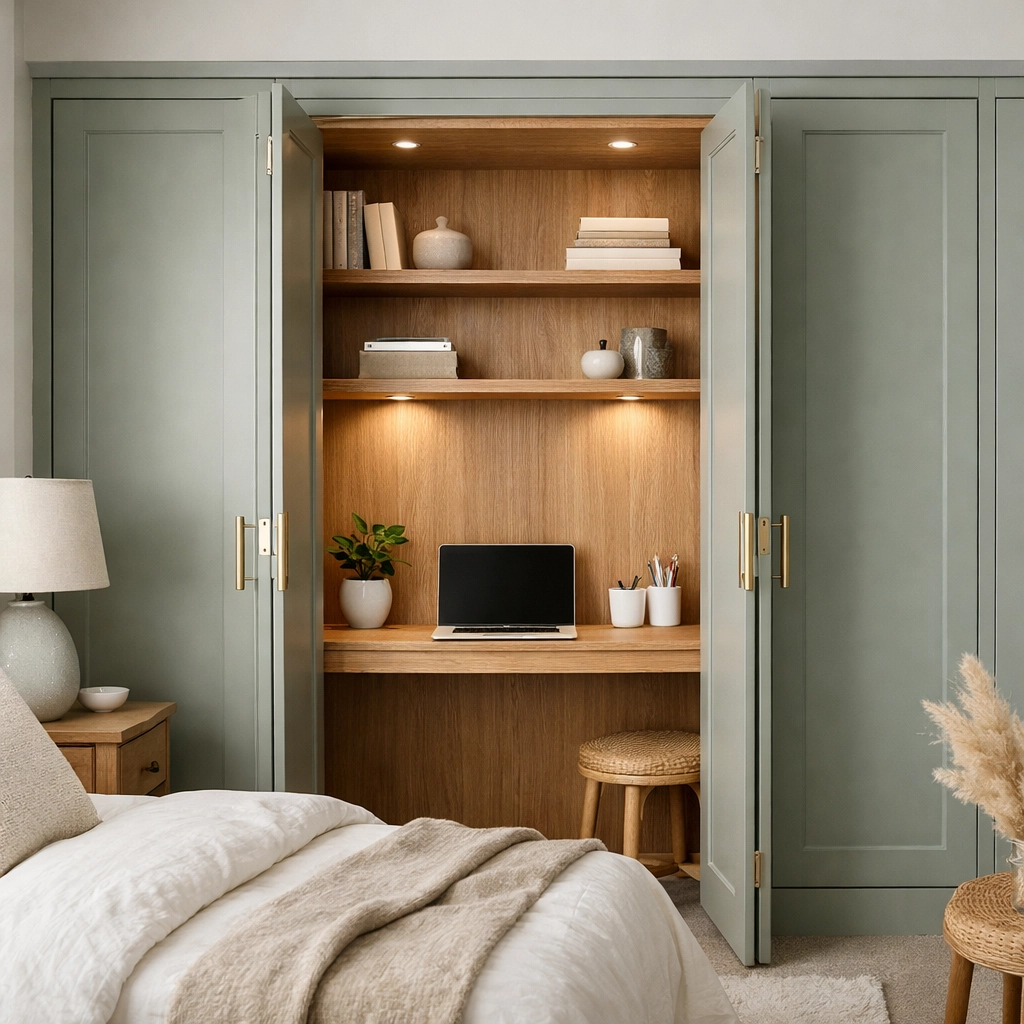 Bespoke bedroom storage solution featuring a concealed home office desk and custom shelving.