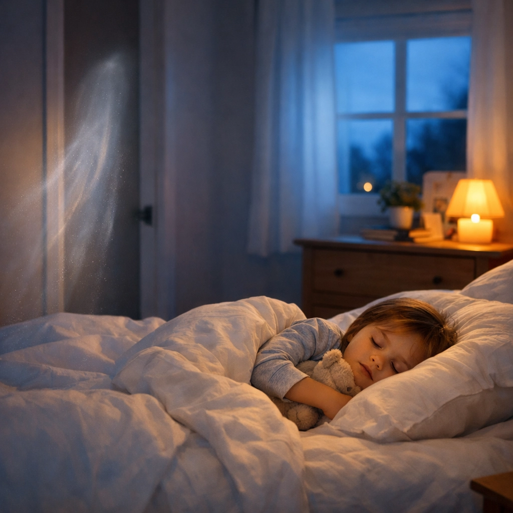 Child sleeping peacefully with protective spirit presence in bedroom