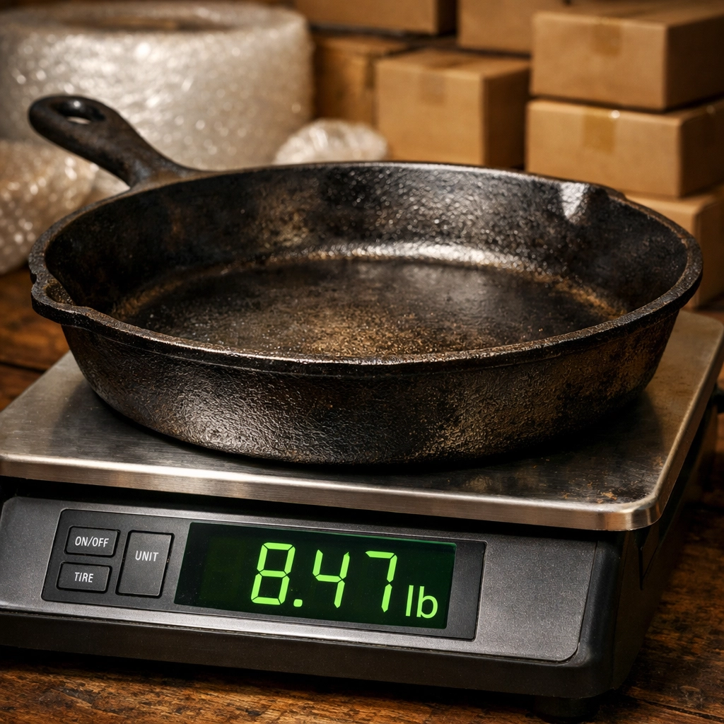 Heavy vintage skillet on a digital shipping scale illustrating the high cost of reselling heavy items.