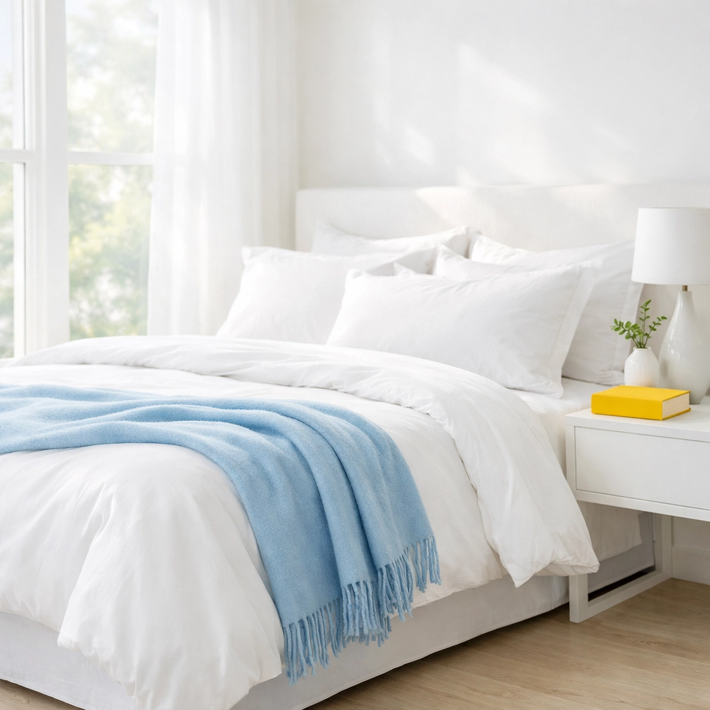 Clean master bedroom in Wayland MA, emphasizing health and air quality benefits of luxury house cleaning.