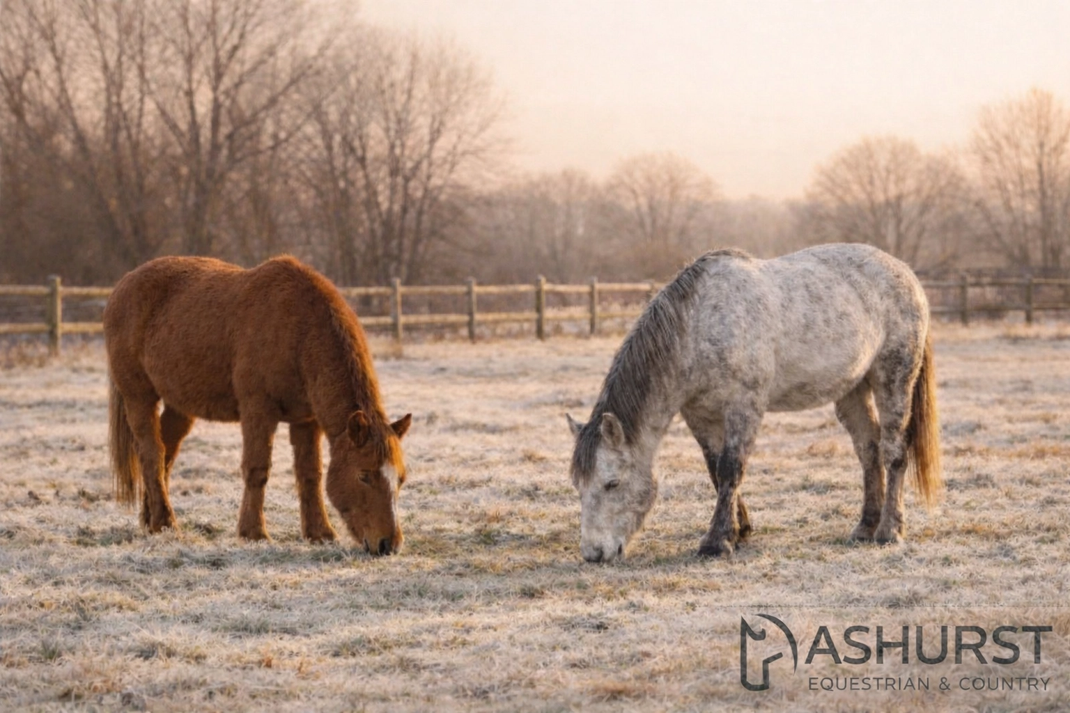 Two horses grazing peacefully in winter paddock maximizing turnout time
