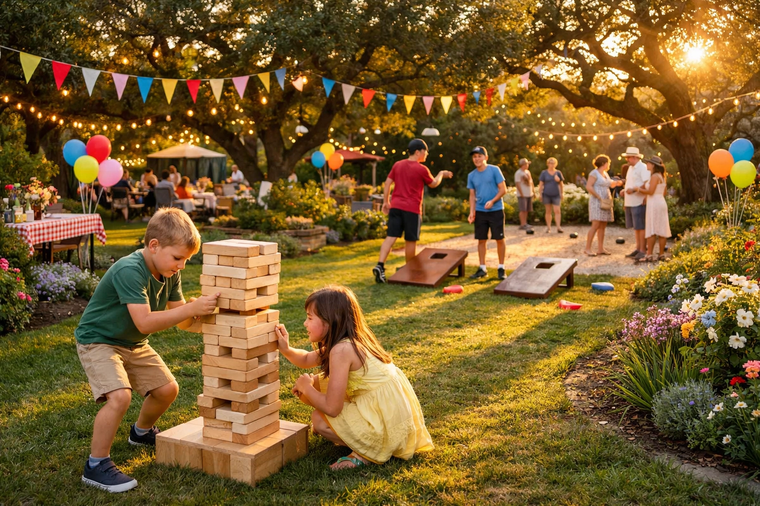 Multiple lawn games setup at Southern Suburbs garden party with Giant Jenga and Cornhole