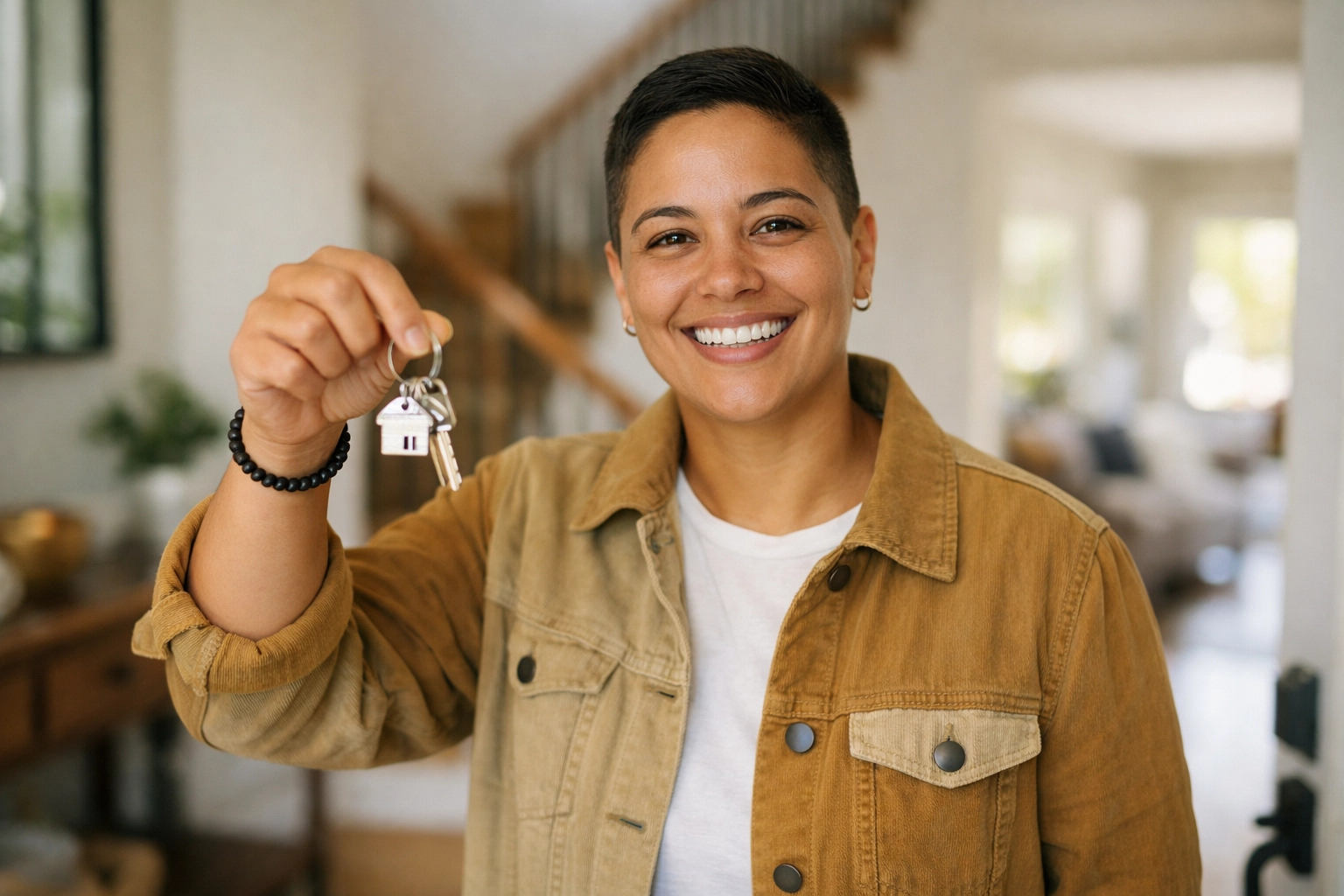 Happy first-time homebuyer holding keys in a bright, modern Triad NC home entryway.
