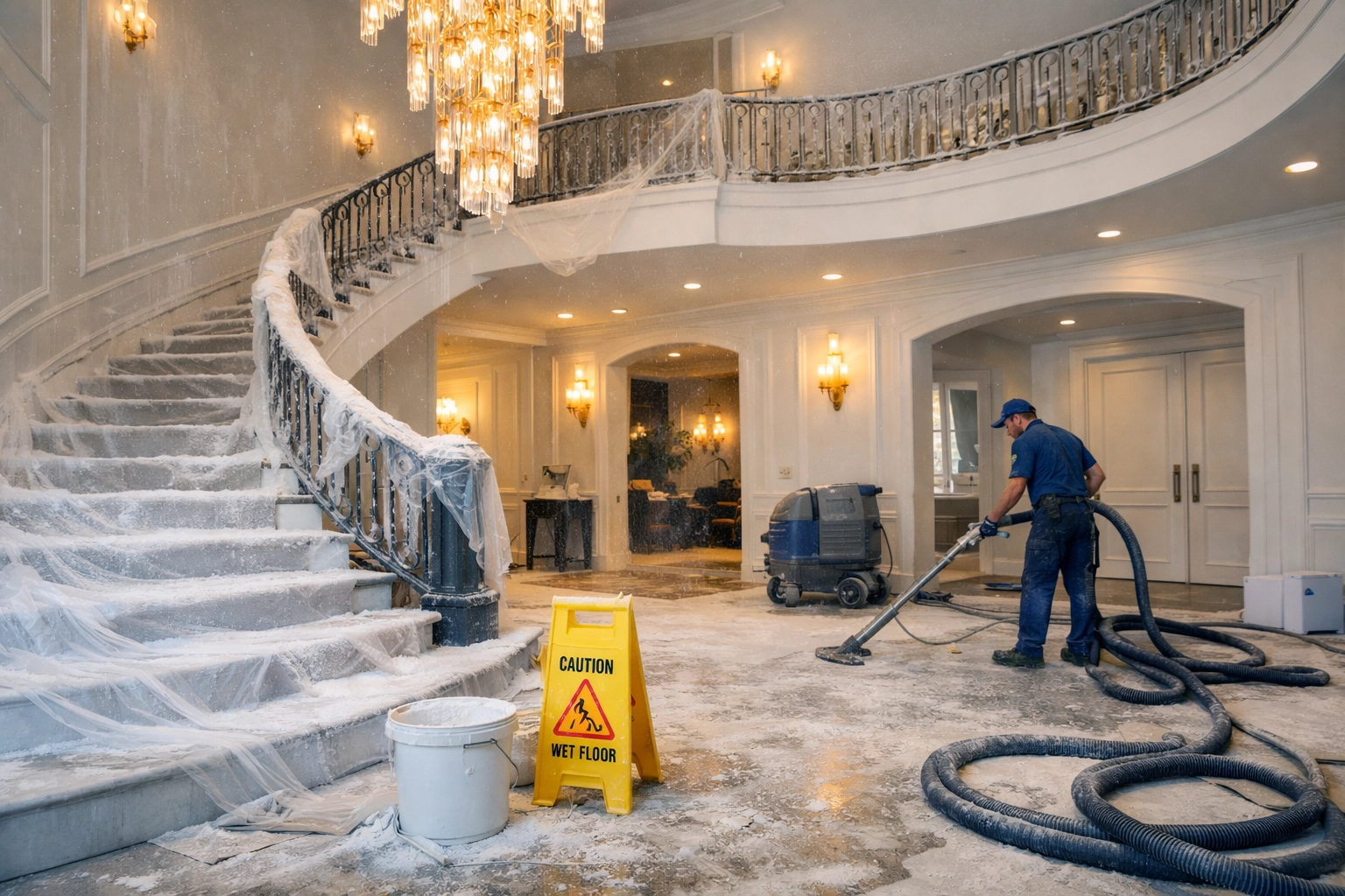 Professional cleaner removing construction dust from a luxury home grand foyer and staircase.