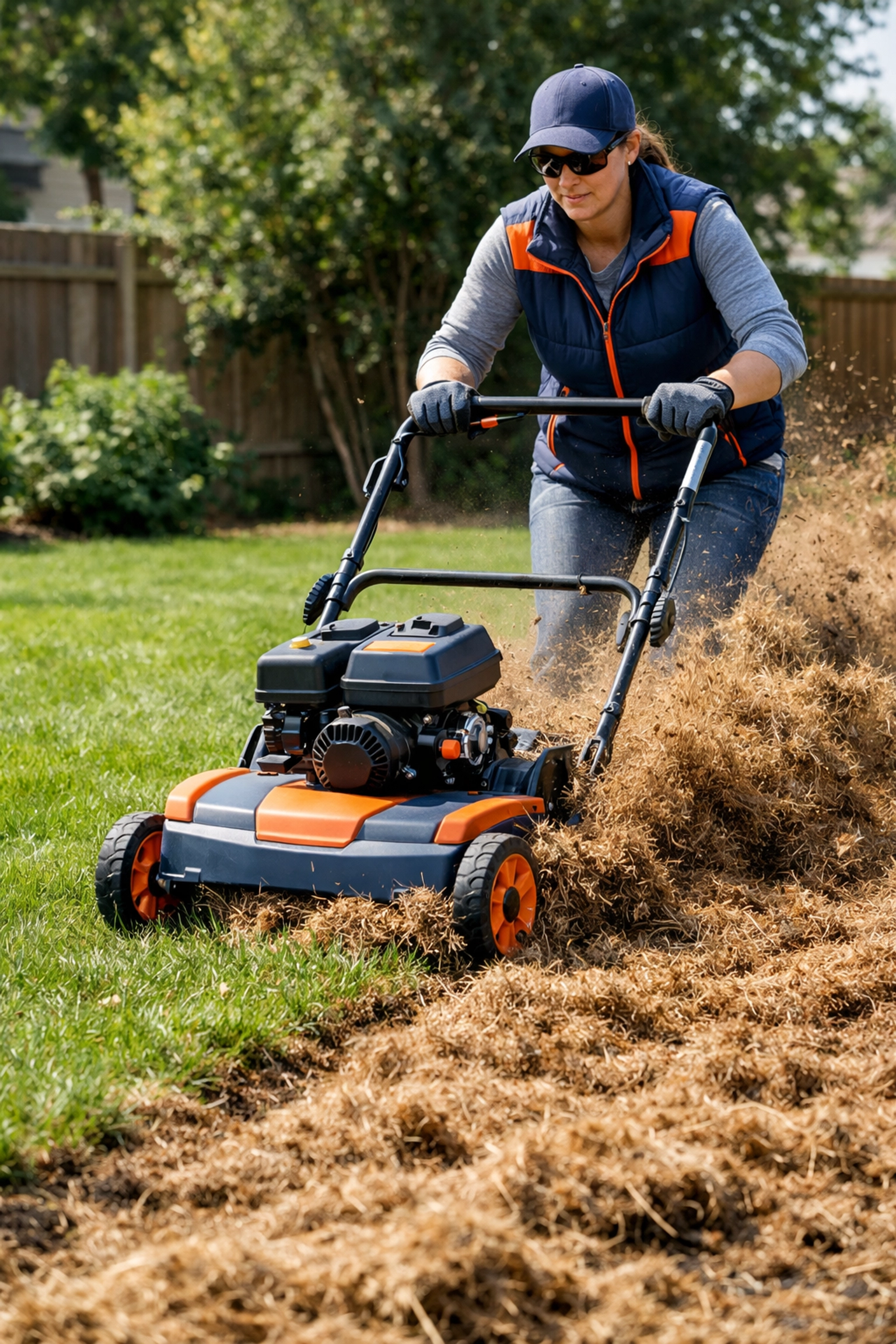 Power dethatcher machine removing dead grass and thatch from a backyard lawn.